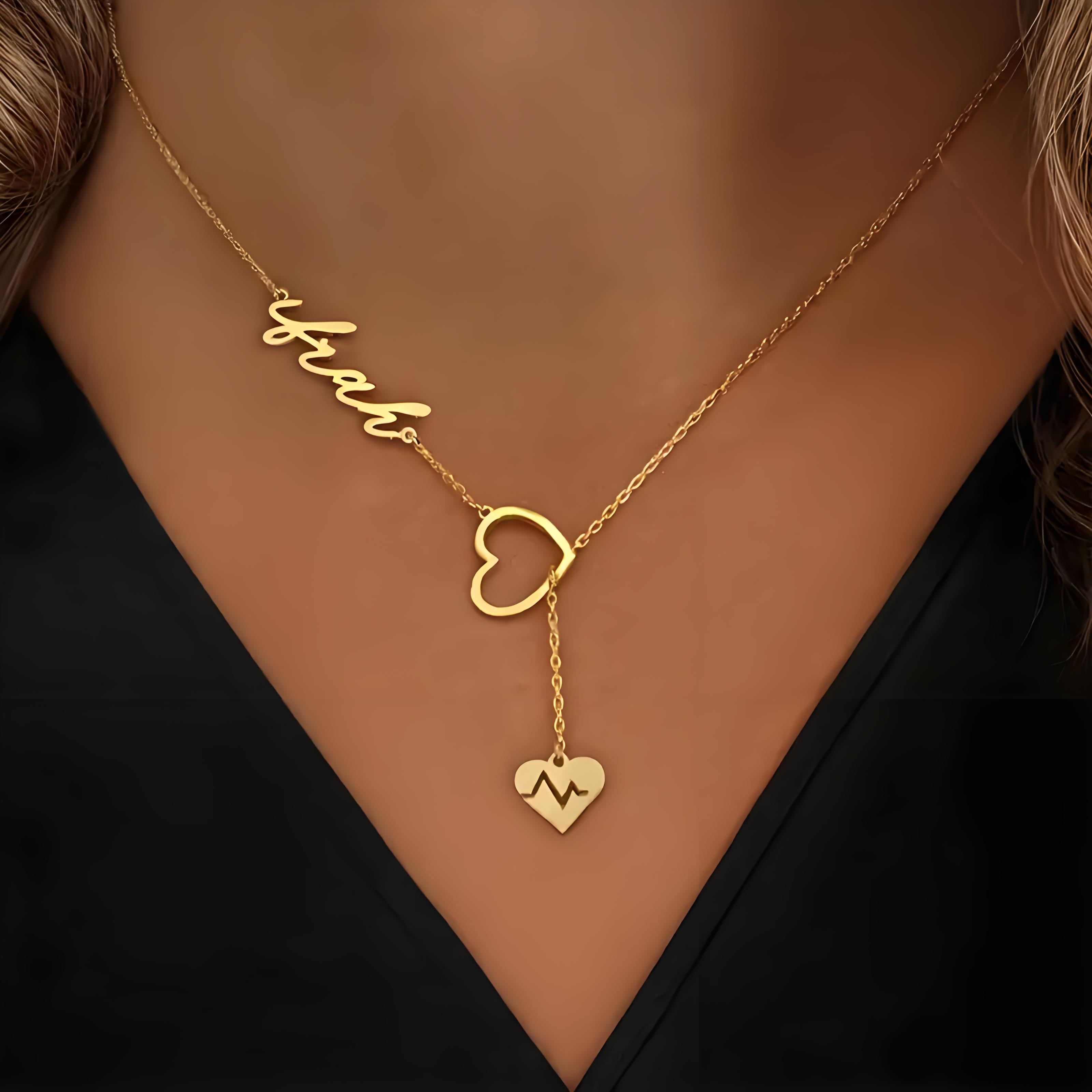 Birth Flower Necklace - Personalized Couple Heartbeat Name Necklace, Y